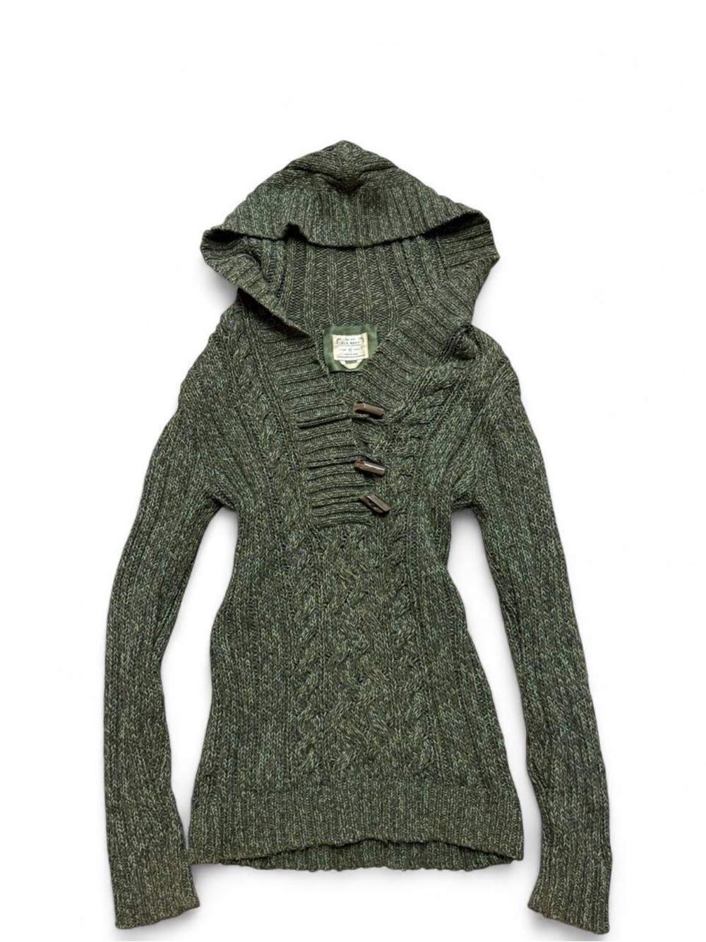 vintage Y2K 2007 Old Navy marled green cable knit toggle hoodie fall sweater - Picture 2 of 8